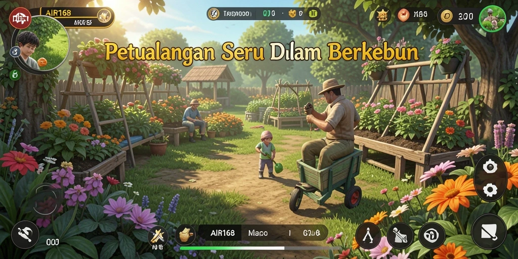 Screenshot gameplay AIR168 menampilkan kebun yang indah dan beragam tanaman.