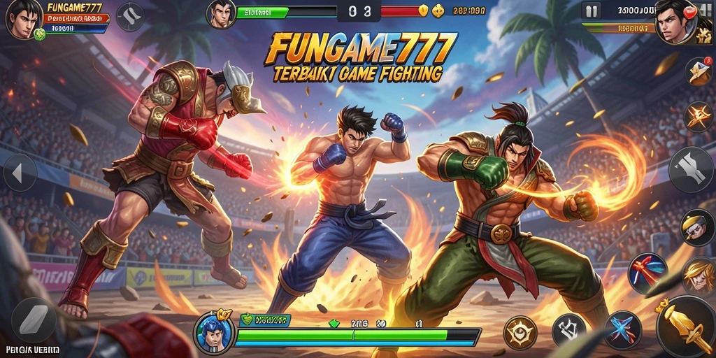 Tangkapan layar gameplay dari FUNGAME777, menampilkan aksi pertarungan seru.