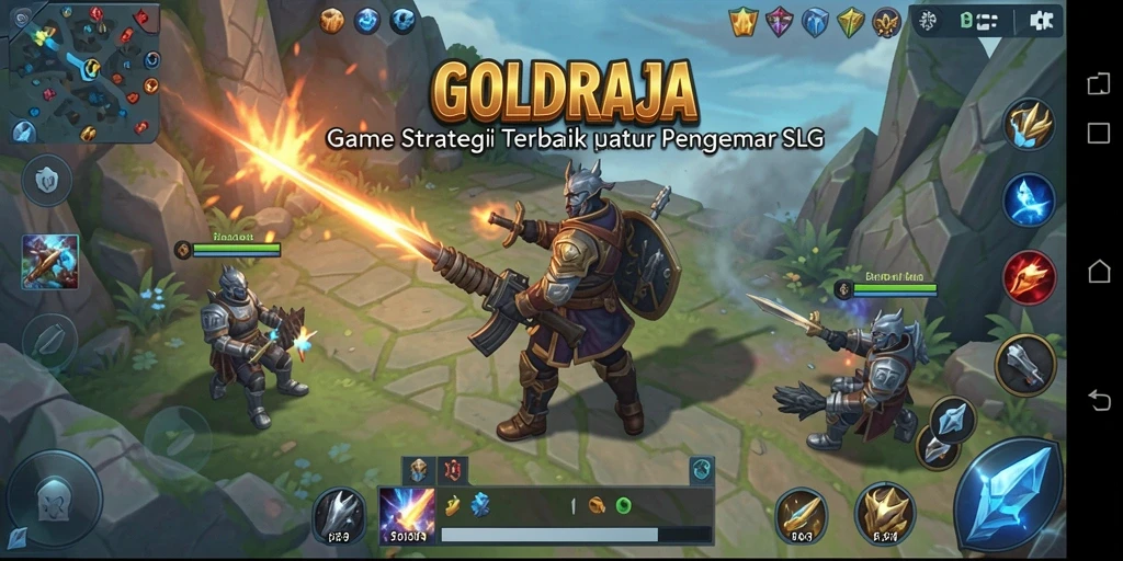 Screenshot utama GOLDRAJA menampilkan aksi pertempuran strategi yang mendebarkan.