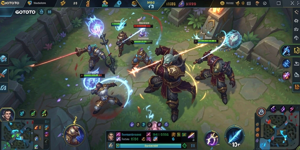 Screenshot GOTOTO menampilkan aksi intens dalam arena besar MOBA.