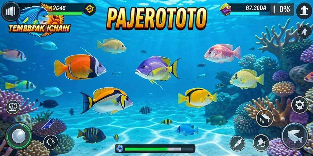 Screenshot gameplay PAJEROTOTO menunjukkan serunya menembak ikan di lautan.
