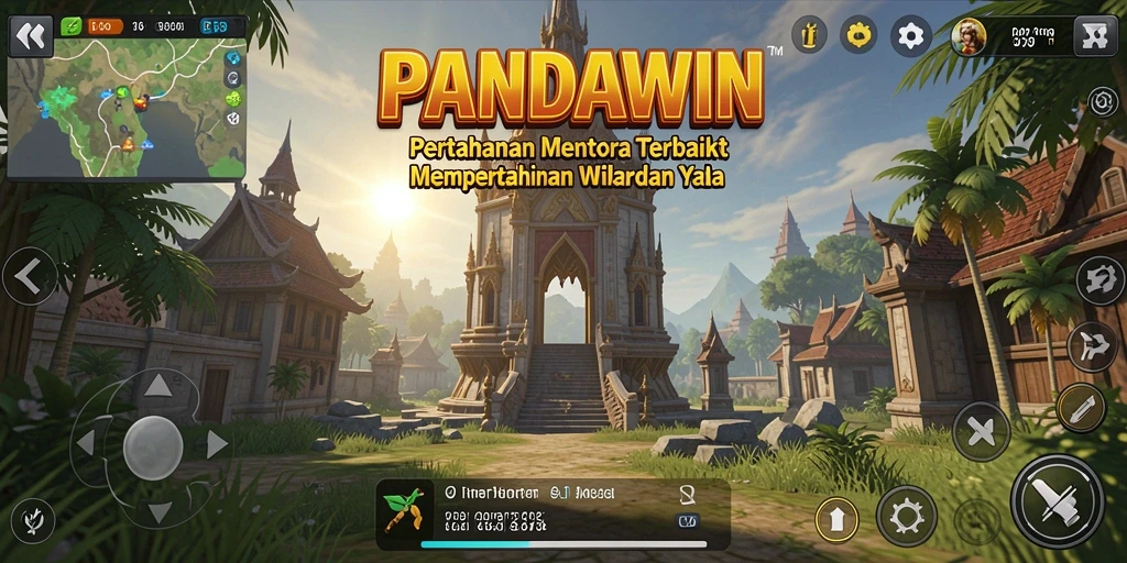 Tangkapan layar gameplay PANDAWIN yang menunjukkan menara pertahanan dan musuh dalam pertempuran.