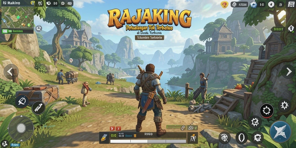 Screenshot menunjukkan karakter utama menjelajahi lanskap indah RAJAKING.